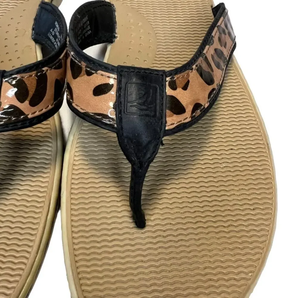 Sperry Top Sider Leather Flip Flop Sandals Tan Black Leopard Print Size 8m Comfy